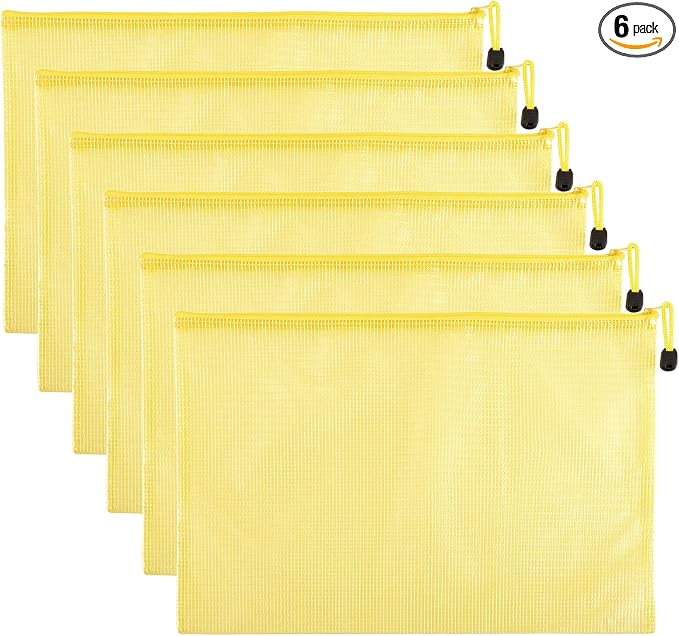 6 Pcs 11.42" x 8.27" B5 Sizes Mesh Zipper Pouch Bags, Mesh Bags with Zipper,Waterproof Clear Document Pouch for Organization Puzzles Travel, Office, Classroom Organization, B5 Yellow