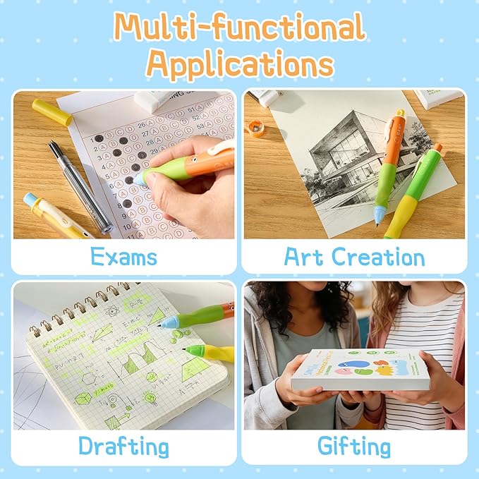 Thick Mechanical Pencil for Kids, Smile Handwriting Pencil with Non-Slip Grip & 2.0mm HB Lead, Break-Resistant, 8 Pack Includes 96 Refills #2, Sharpener & Eraser