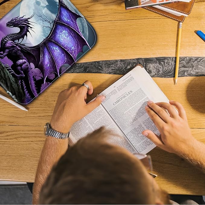 Bible Cover for Men,Large Leather Bible Case Fit Book Up to 11x8x2 Inch,Purple Arcient Dragon Bible Covers Bible Study Carrier Church Bags w/Handle & Zipper