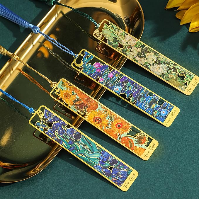 4 Pieces Metal Bookmark with Tassel,Cute Bookmarks Oil Painting Theme Aesthetic Bookmark Golden Van Gogh Book Marks for Women Man Book Lovers Writers Reader Adult Children Teens