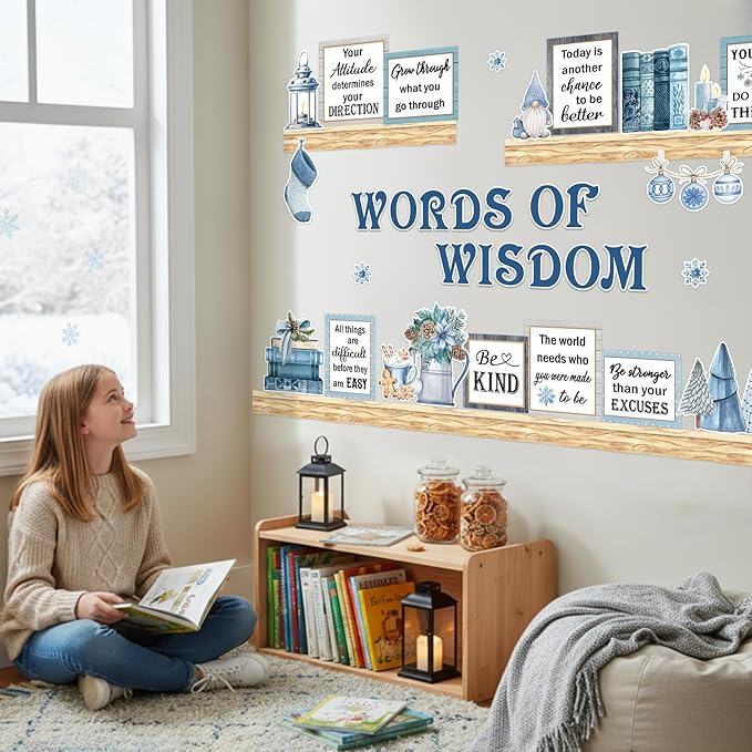 Qilery Winter Bulletin Board Decorations Set – Inspirational Quotes Posters, Seasonal Classroom Wall Decor, Holiday Bulletin Board Kit with Snowflake Lantern Cutouts for Teachers Office Library Home