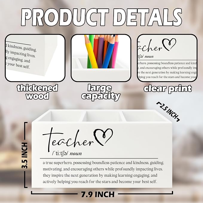 Teacher Pen Pencil Holder Organizer for Desk, Teacher Appreciation Gifts, End of the Year Teachers Gifts for Women Men Wooden Box Sign for Office Workplace Classroom Desk Tabletop Decorations
