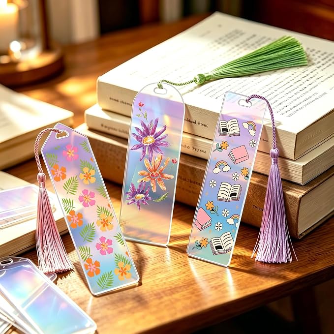90Pcs Acrylic Bookmark Blanks Kit,30 Set Iridescent Clear Acrylic Bookmarks with 30 Tassels & 30 Self-Adhesive Bags for DIY Crafting Projects and Book Lovers Gifts