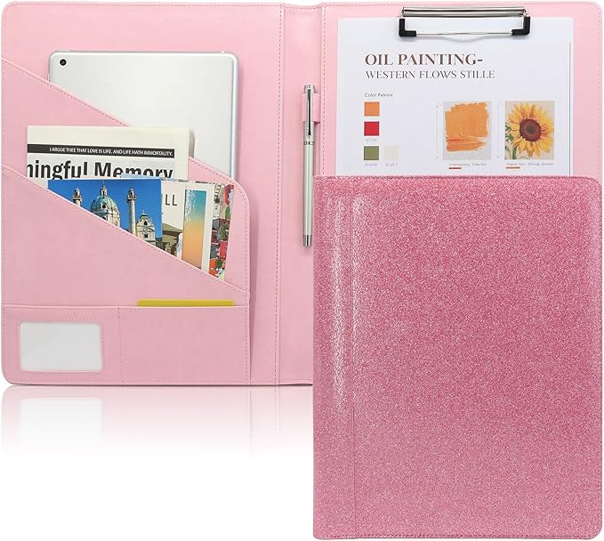 Professional Portfolio Binder, Faux Leather Padfolio for Resume, Note-Taking & Meetings, A4 Letter Writing Pad Holder for Women & Men, Pink