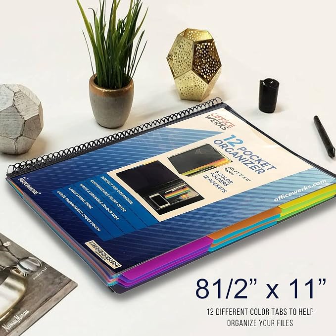 Performore - 12 Pocket Spiral Subject Organizer with 6 Dividers, Folder Organizer Spiral Binder with Front Cover Pocket and Customizable Cover, Erasable Write On Tabs for Documents Files Projects