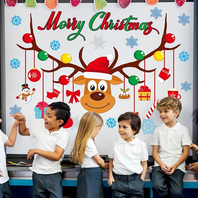 Christmas Bulletin Board Set Classroom Decorations Large Elk Snowflakes Paper Cutouts Merry Christmas Bulletin Boards Xmas Classroom Supplies for Kids Winter School Nursery Home Chalkboard Wall Decor