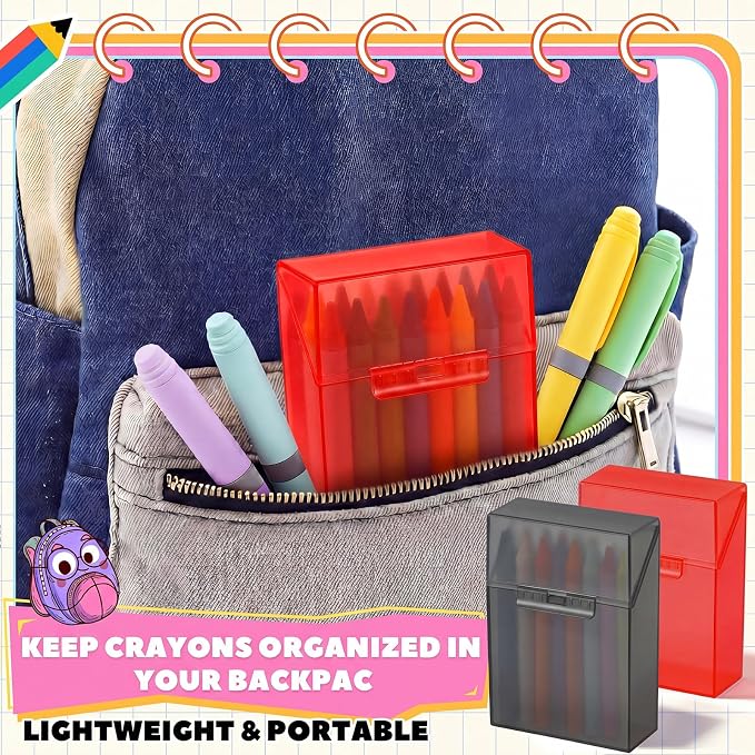 Clabby 4 Pcs Plastic Crayon Organizer Case for 24 Count Crayons Kids Art Supply Storage Box with Lid, Portable Holder for Classroom Home Travel, Fits Standard 24-Pack Crayon (Red,Dark Gray)