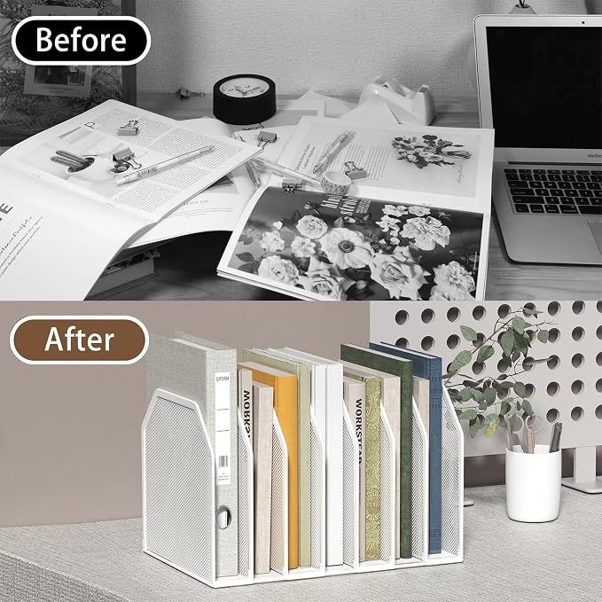 FANXIYQ White 7-Section File Folder Organizer for Desk, Metal Vertical File Holder Stand, Desktop File Organizer Rack for Letter/A4 Folders, Papers, Books, Office Classroom Home