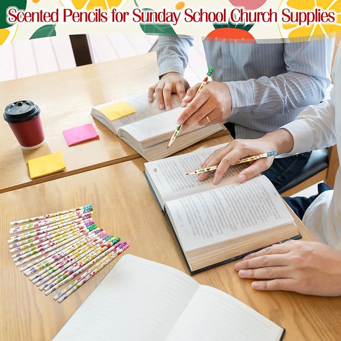 Dunzoom 36 Set Fruits of The Spirit Gift Fruit Scented Pencil with Eraser Christian Bookmark Religious Sunday School Prize Christian VBS Gifts for Church Gift Exchange (Spanish)
