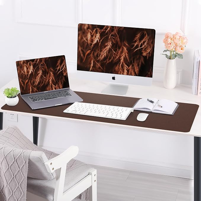 AFIING Leather Desk pad Protector, 35.4" x 17", Coffee,Desk mat | Dual-Sided Cork & PU Leather, Waterproof, Non-Slip, For Office & Gaming