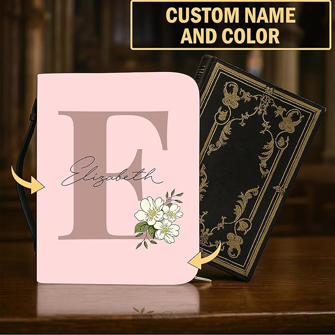 Custom Leather Bible Cover with Name β Personalized Bible Case for Women Zippered with Handle, Bookmark & Storage Pockets, Christian Gift for Mom, Daughter, Grandma (Innitial 02, M-2XL)