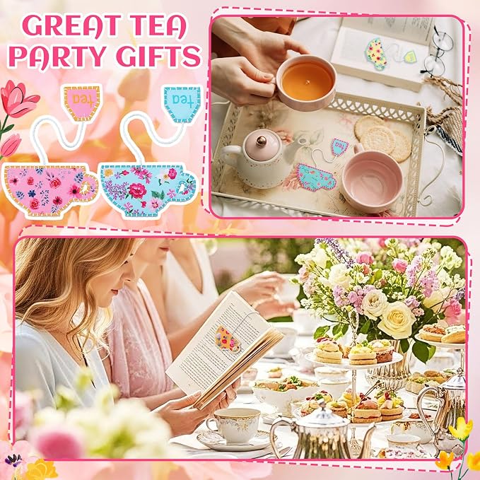 Resurhang 24 Pcs Tea Bag Bookmarks Tea Party Favors Cute Hand Embroidered Teapot Bookmarks Gift for Spring Holiday Teacher Women Book Reading Lovers Gift Book Marks (Classic)
