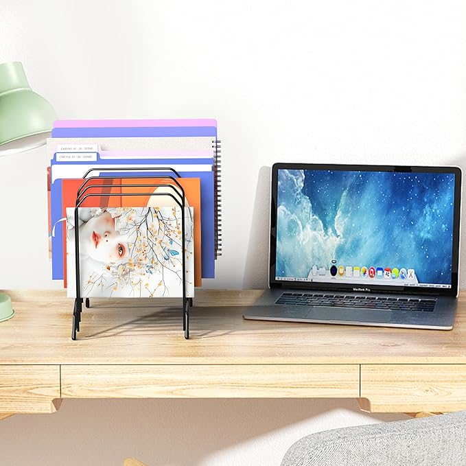 Gawerk Incline Metal Desk Magazine Folder Holder, Sorter Desk File Organizer with 8-Section Vertical Compartments Rack File Organizer for Office, Home, School (4 Pack)