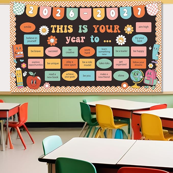 This is Your Year Bulletin Board Set Classroom Decoration Hippie Retro New Year Bulletin Board Set Welcome Back to School Theme Cutouts for School Office Chalkboard Wall Learning Activities Decoration