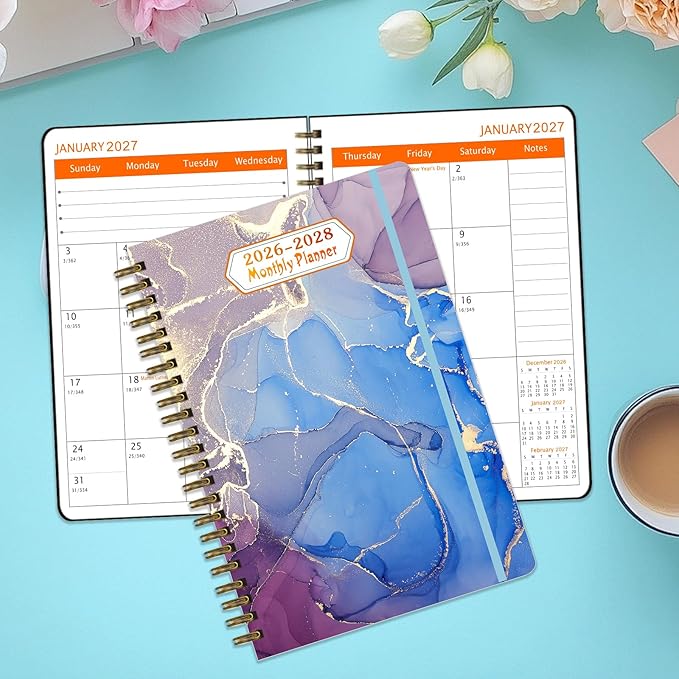2026-2028 Monthly Planner/Calendar - 3 Year Monthly Planner 2026-2028, January 2026 - December 2028, Academic Weekly Organizer with Twin-Wire Binding for Students and Teachers (Dark Blue Marble)