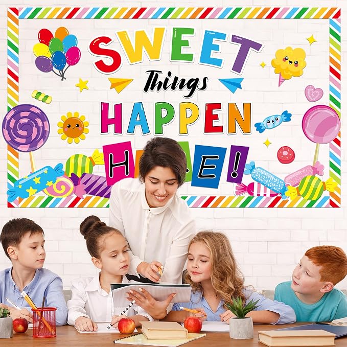 gisgfim Sweet Candy Things Happen Here Bulletin Board Decorations Back to School Colorful Paper Cutouts Sweet Candy Bulletin Board Set for Kindergarten Preschool Elementary Wall Decor Supplies