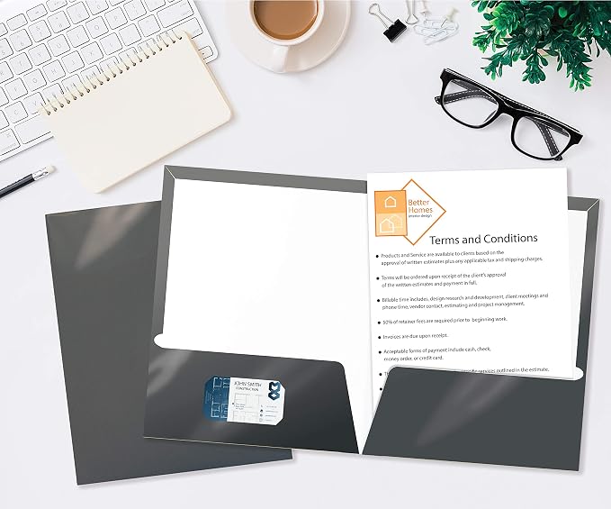 Better Office Products 2 Pocket Glossy Laminated Gray Paper Folders, Box of 25, Letter Size, Gray Paper Portfolios, 25 Pack