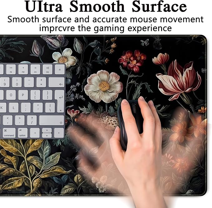 Floral Desk Mat Dark Vintage Aesthetic Desk Pad Flower Plant Black Extended Mouse Pad Large Gaming Mousepad XXL Laptop Computer Mouse Keyboard Mat 31.5 x 15.7 in for Office Desk Decor