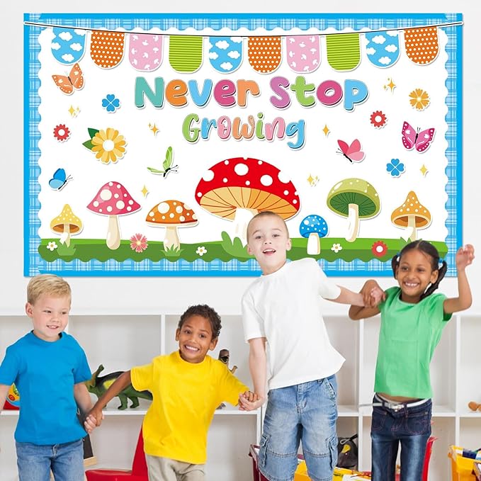 Spring Bulletin Board Set Never Stop Growing Cutouts Spring Party Classroom Decoration Starry Mushroom Bulletin Board Mushrooms Butterflies Flowers Cutouts for School Classroom Chalkboard Wall Decor
