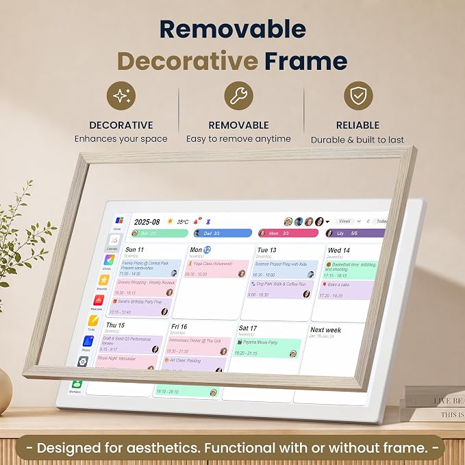 21.5-Inch Smart Digital Calendar & Photo Frame for Family, Wood Frame Large Wall Planner with Auto-Sync to Apple, Google & Outlook, Touchscreen Display with Chore Chart, To-Do Lists & Meal Planner, No Subscription