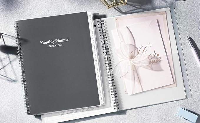 2026-2030 Monthly Planner/Calendar - Jan 2026 - Dec 2030, 5 Year Monthly Planner with Tabs & Celebrity Quotes, 9" x 11", Famous Quotes, Two-Side Pocket, Suitable for Long-Term Planning, Grey