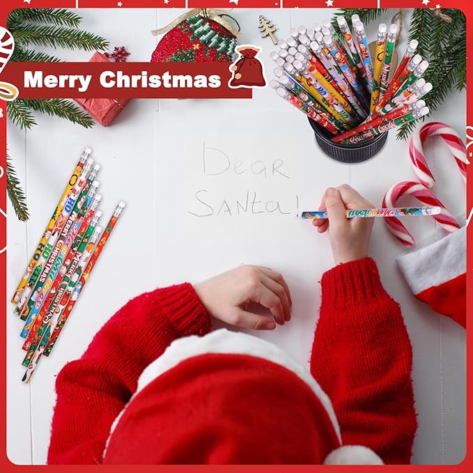 Christmas Pencils Xmas Wood Pencil with Eraser Snowman Pencils Santa Elk Assorted Christmas Stationery Pencil, 8 Styles(24)