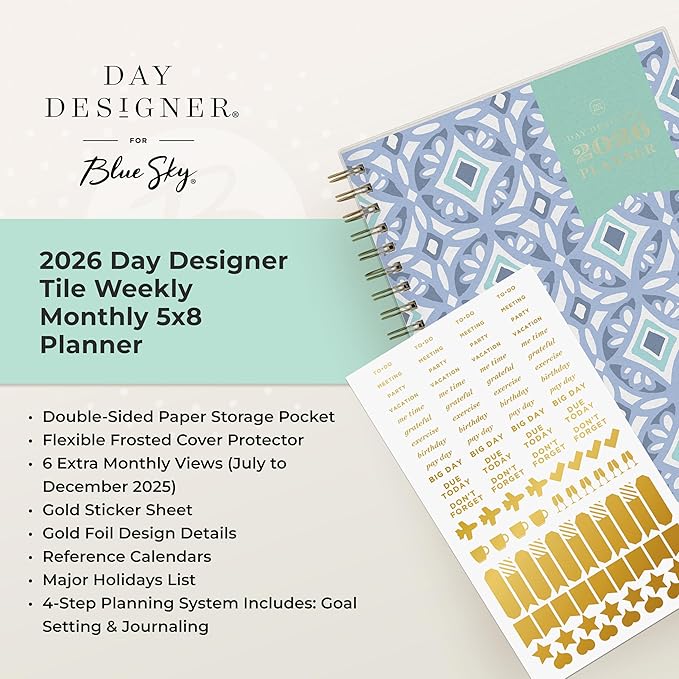 Blue Sky Day Designer 2026 Weekly and Monthly Planner Calendar, January 2026 - December 2026, 5" x 8", Flexible Cover, Durable Twin Wire Binding, Includes Storage Pocket, Stickers, Tile