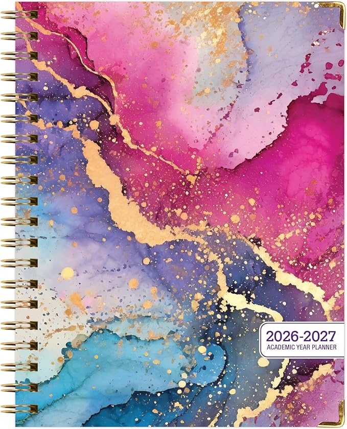 HARDCOVER Academic Year 2026-2027 Planner: 14 Months (May 2026 Through June 2027) 8.5"x 11" Daily Weekly Monthly Planner Yearly Agenda. Bookmark, Pocket Folder and Sticky Note Set (Rainbow Gold Marble)