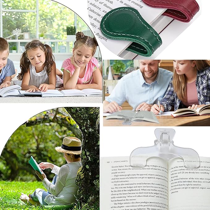 Magnetic Leather Bookmarks Set with Transparent Book Holder,Double Sided Strong Magnetic Page Markers,Hands Free Reading Book Clips for Book Lovers Students Teachers Sheet Music Class Notes