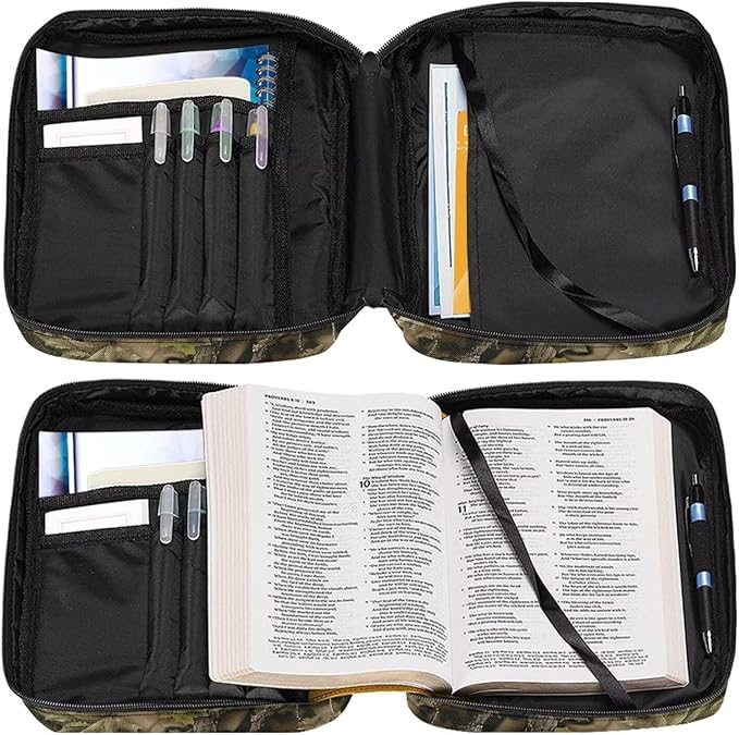 Suobstales Green Hunting Camo Print Bible Cover Carrying Book Case for Women Men Lightweight Bible Bag Bible Protective with Handle and Zippered Pocket