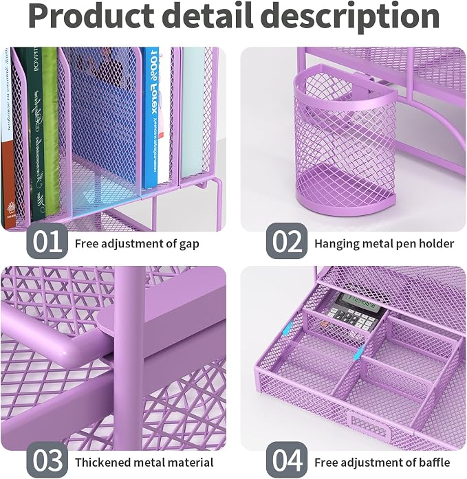FANXIYQ Metal Desk Organizer with Sliding Drawer, 7-Section File Organizer for Desk, Desktop File Folder & Paper Organizer with 2 Hanging Pen Holders, Office Supplies Organizer, Purple