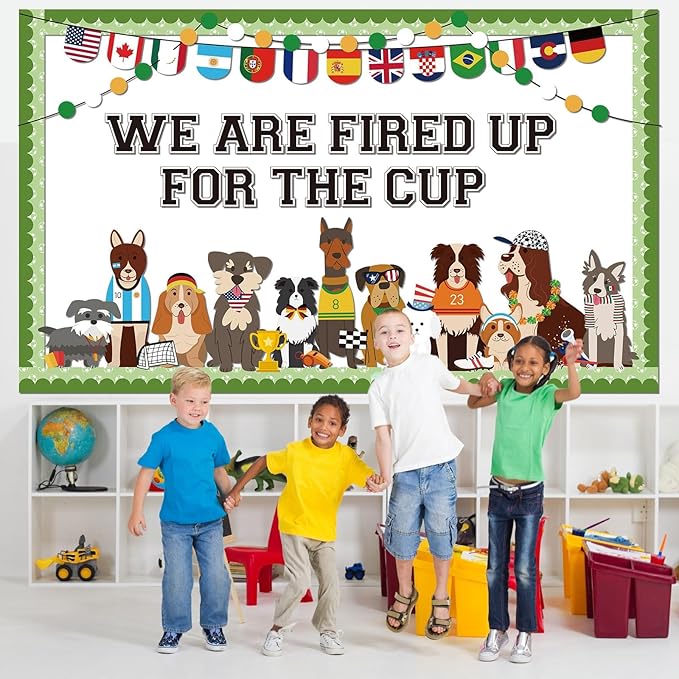 World Soccer Pet Dog Bulletin Board Set Puppy Classroom Decoration World Soccer Cup Cute Dog Bulletin Board Team Spirit Sport Cutouts for School Home Classroom Nursery Chalkboard Wall Decor