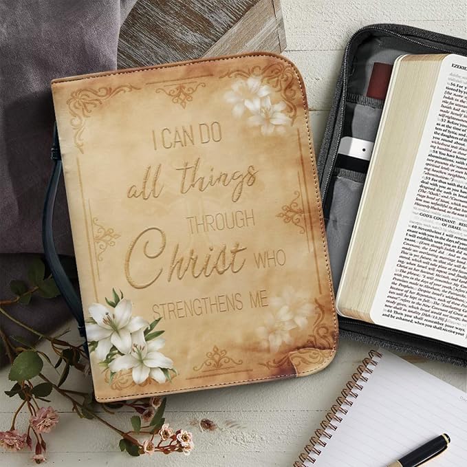 Retro Style Brown Cross Bible Case with Bookmark Waterproof Bible Cover Case for Women Lightweight Bible Bag with Handle Pockets Church Book Bag