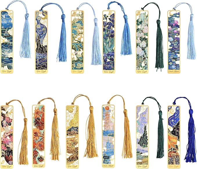 icceemee 12 Pieces of Gold Hollow Bookmarks with Tassels, Featuring Van Gogh and Monet Oil Painting Themes Perfect for Book Lovers, Writers, Readers, Children, Teenagers, Men, Women, and Adults