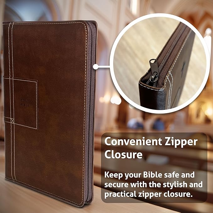 Personalized NLT Bible with Engraved Name, Atlas Rustic Brown Thinline Reference Zipper Edition, Faux Leather, New Living Translation