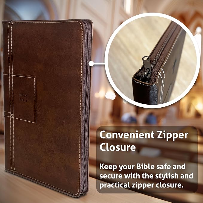 Personalized NLT Bible with Engraved Name, Atlas Rustic Brown Thinline Reference Zipper Edition, Faux Leather, New Living Translation