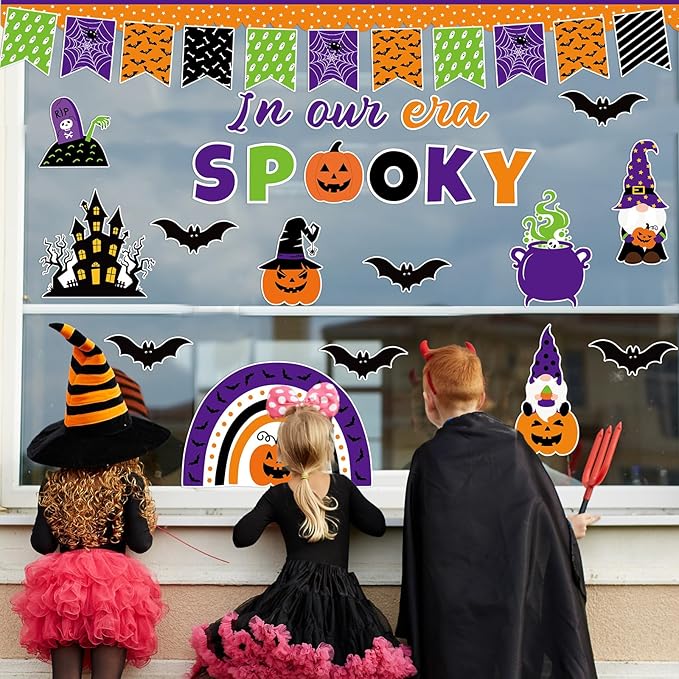 ojustbeok Halloween Bulletin Board Rainbow Pumpkin Ghost Decorations Bat Castle Paper Cutouts in Our Spooky Era Bulletin Board for Halloween Holiday School Chalkboard Wall Decor