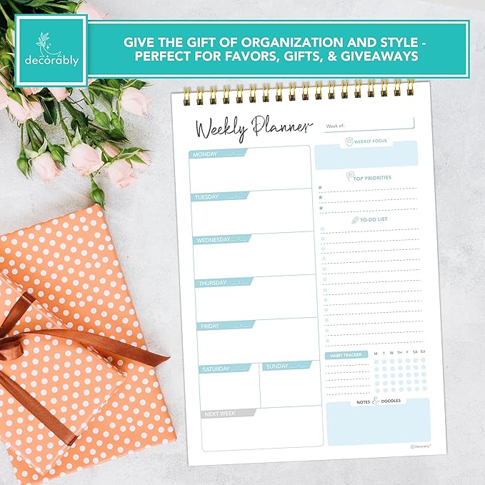 Decorably 52 Sheets Blue Undated Weekly Planner Only Day Sheets Journal - 6.5x10in Spring-Bound, Easy Tear-Off Design, with Focus, Priorities, to-do List, Habit Tracker & Notes - Home, School, Office
