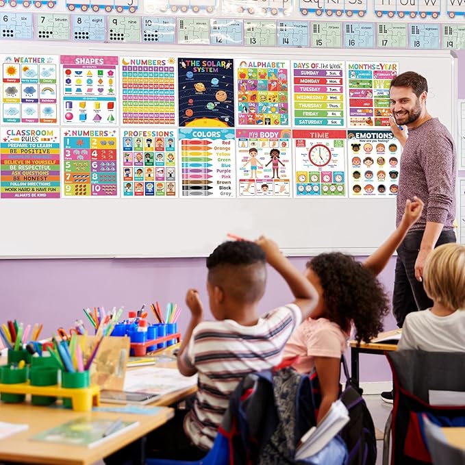 16PCS Classroom Educational Posters - Laminated Educational Posters For Toddlers, 14.7'' x 11.5'' Preschool Learning Posters, Alphabet Number Charts, Kindergarten Classroom Wall Decor, Playroom Homeschool Daycare & Classroom Decor, Kindergarten & Presc...