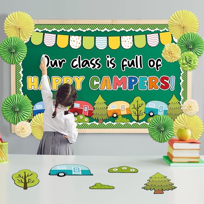 Summer Camping Bulletin Board Decorations Set with 3D Tissue Paper Flower Paper Fan Camping Theme Classroom Bulletin Board Border Set Vintage Trailer Cutouts for Woodland School Chalkboard Supplies