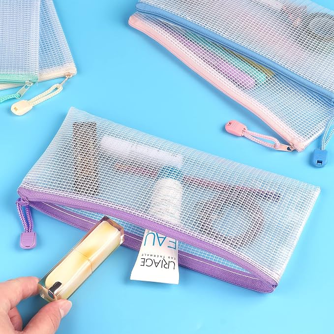 Tamaki 6 Pack Mesh Pencil Pouch Waterproof Bags Plastic Zipper Pouch A6 Size for Classroom Organization School Office Supplies (Macaroon, A6)