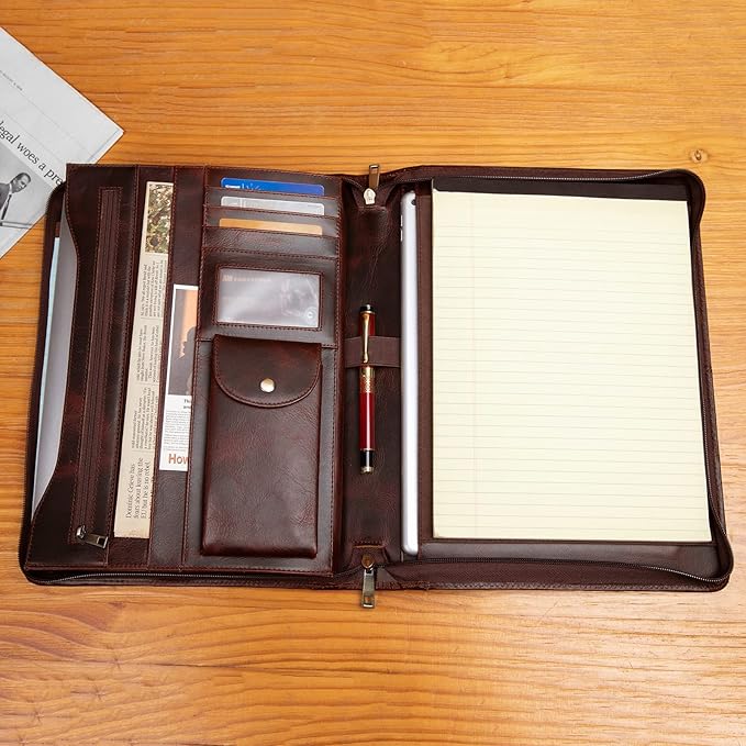 YIWEN Personalized Leather Portfolio, Zippered Padfolio Organizer Case, 8.5 x 11" Notepad Holder and 13" Tablet Folio, Professional Business Travel Gift for Women and Men (Dark Brown, Oil Wax Leather)