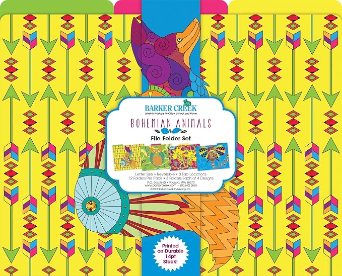 Barker Creek Bohemian Animals File Folders Now on Durable 14pt Stock, 12/PK, Letter Size, 1/3 Cut Tabs, Reversible, Home, School and Office Supplies (2012)