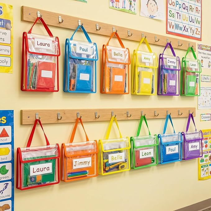 Teling 24 Pack Thick Clear Book Pouches with Blank Name Tags and Handles Book Baggies Bags Bins Organizer for School Classroom Library Pockets Students (14 x 11 & 10 x 12 Inch,Bright Color)