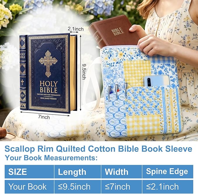 Gilprop Blue Yellow Spliced Bible Book Sleeve with Zipper 11" x 9" Padded Protector Washable Quilted Book Covers Printed Bible Pouch with Handle Pockets Protector for Books Lover Christian Gifts