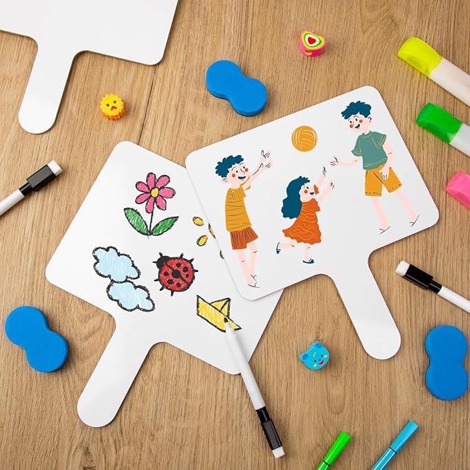 Dry Erase Paddles with Handle, 3 Pack Double Sided Answer Paddle White Boards with Markers and Erasers for Teaching Meeting Supplies