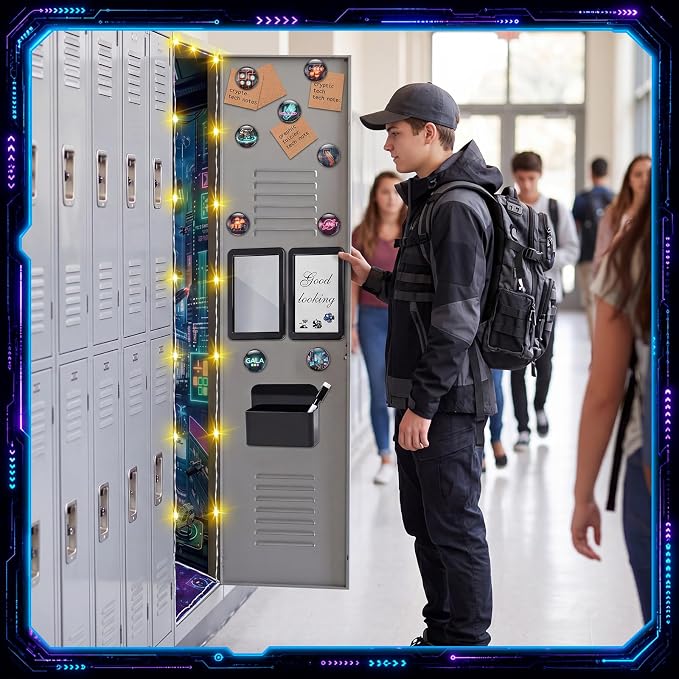 Kingdder 22 Pcs Cyber Theme Locker Accessories Kit Magnetic Refrigerator Magnets Mirror Whiteboard Pen Holder Hook Locker Wallpaper Rug Marker String Light for Back to School Party Decorations