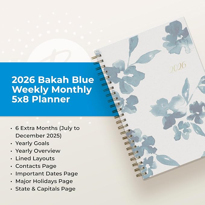 Blue Sky 2026 Weekly and Monthly Planner Calendar, January 2026 - December 2026, 5" x 8", Flexible Frosted Cover, Laminated Tabs, Durable Twin Wire Binding, Bakah Blue