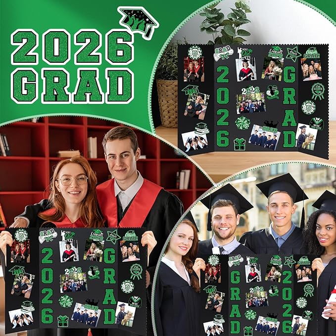 4 Set Graduation Photo Display Board, Class of 2026 Black Green Trifold Poster Board with Grad Pattern Stickers, Graduation Photo Props Collage for Multiple Pictures Party Decorations, 16x24 Inch