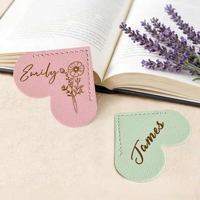 EDSG 3PCS Personalized Leather Heart Bookmark, Corner Bookmark Book Marks with Birth Flower & Name, Bookmarks for Women Men, Reading, Teachers, Birthday, Graduation, Christmas (Style-3, 3PCS)